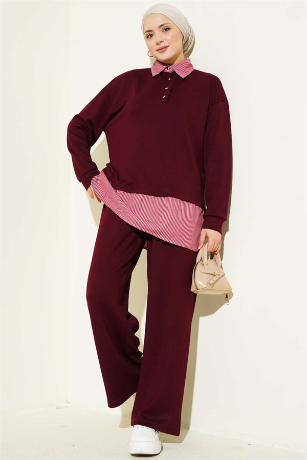 Half-Button Trimmed 2 Piece Set in Burgundy