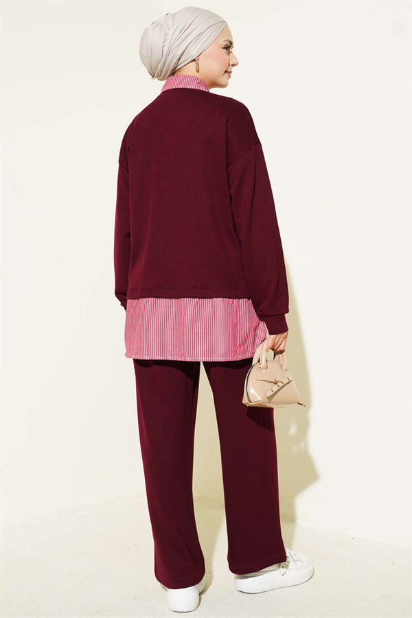Half-Button Trimmed 2 Piece Set in Burgundy