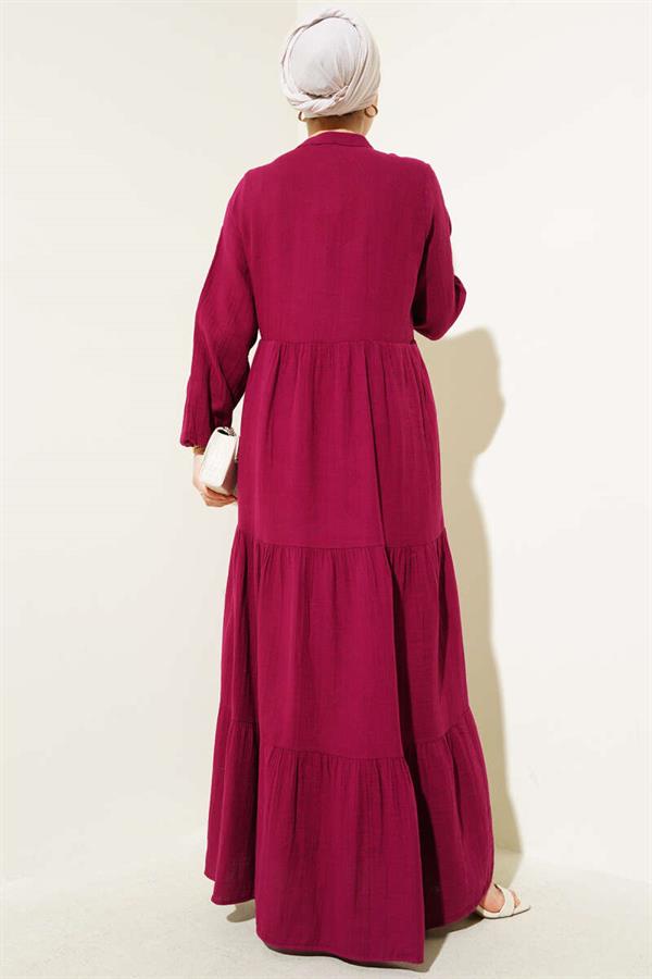 Half Buttoned Mandarin Collar Muslin Dress Burgundy