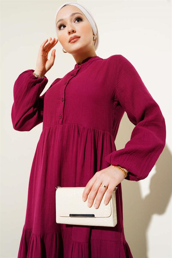 Half Buttoned Mandarin Collar Muslin Dress Burgundy