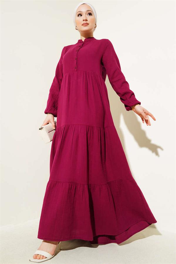 Half Buttoned Mandarin Collar Muslin Dress Burgundy