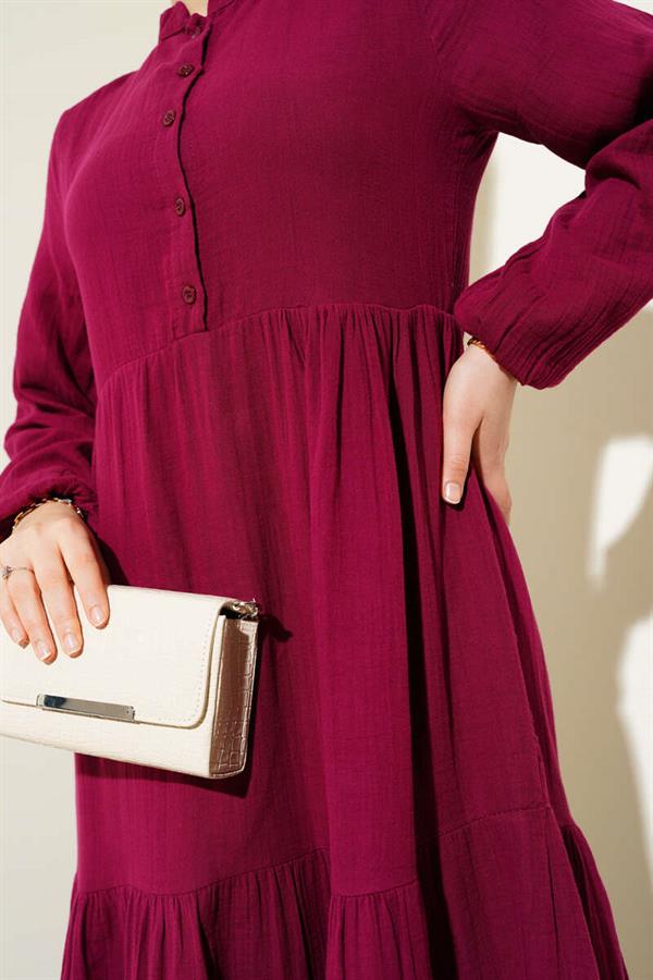 Half Buttoned Mandarin Collar Muslin Dress Burgundy