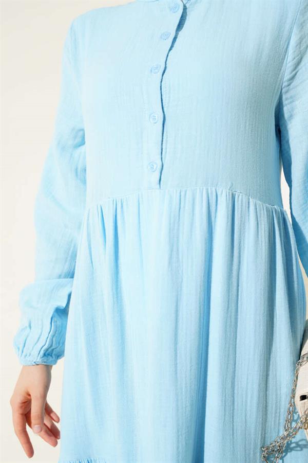 Half Buttoned Mandarin Collar Muslin Dress Blue