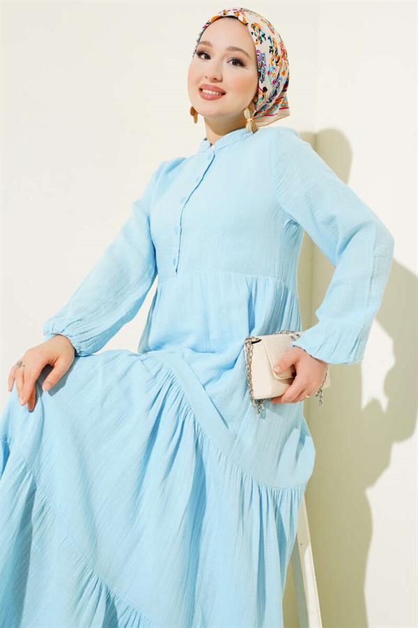Half Buttoned Mandarin Collar Muslin Dress Blue