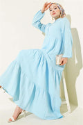 Half Buttoned Mandarin Collar Muslin Dress Blue