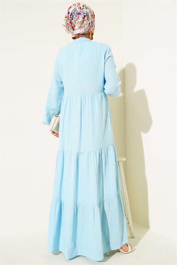 Half Buttoned Mandarin Collar Muslin Dress Blue