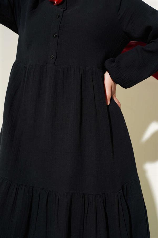 Half Buttoned Mandarin Collar Muslin Dress Black