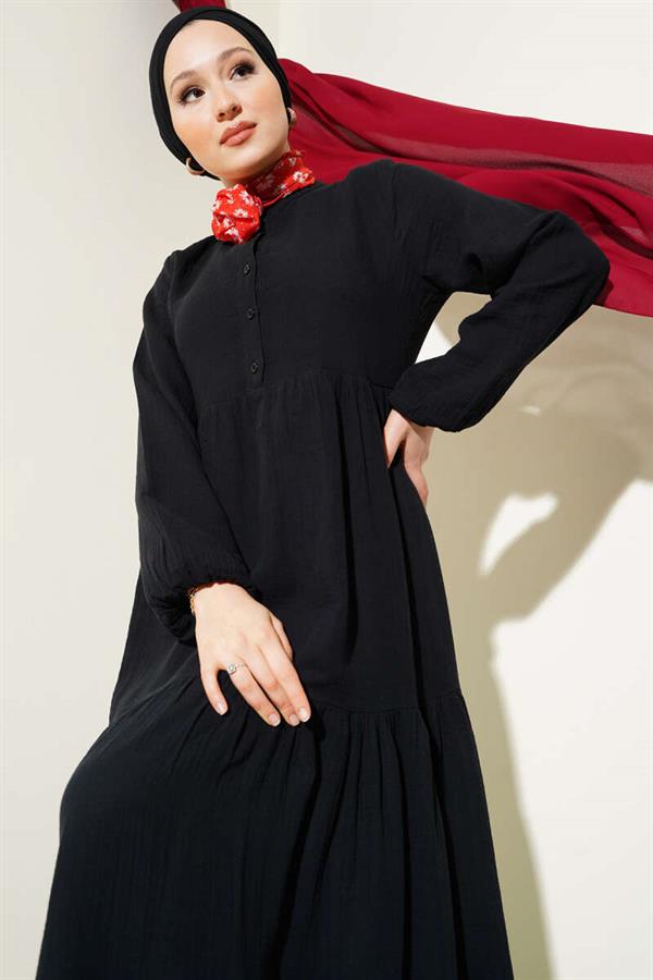 Half Buttoned Mandarin Collar Muslin Dress Black