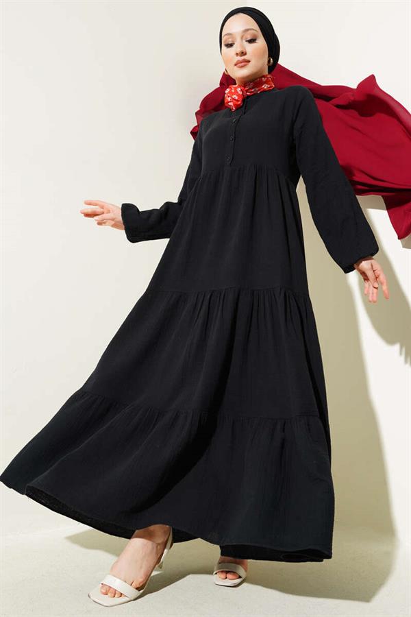 Half Buttoned Mandarin Collar Muslin Dress Black
