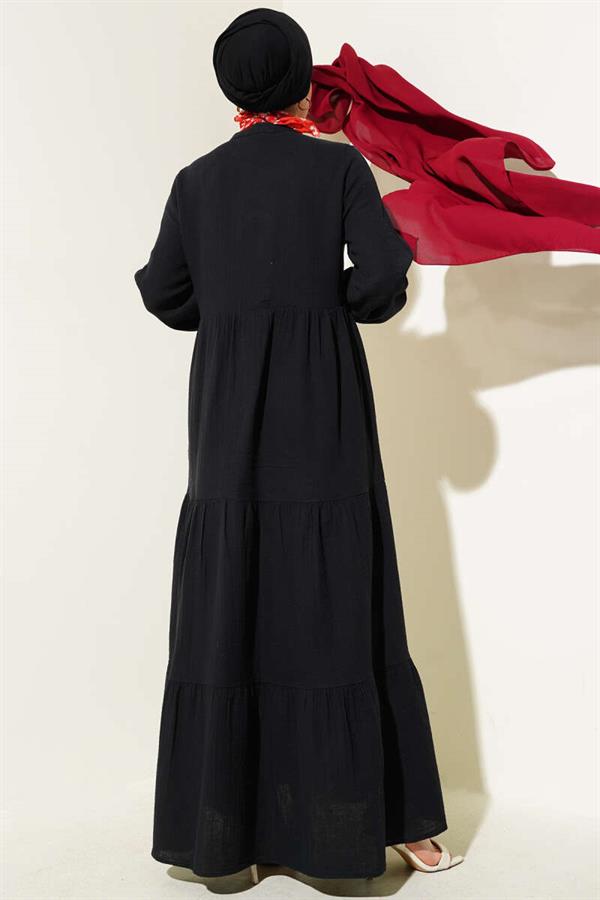 Half Buttoned Mandarin Collar Muslin Dress Black