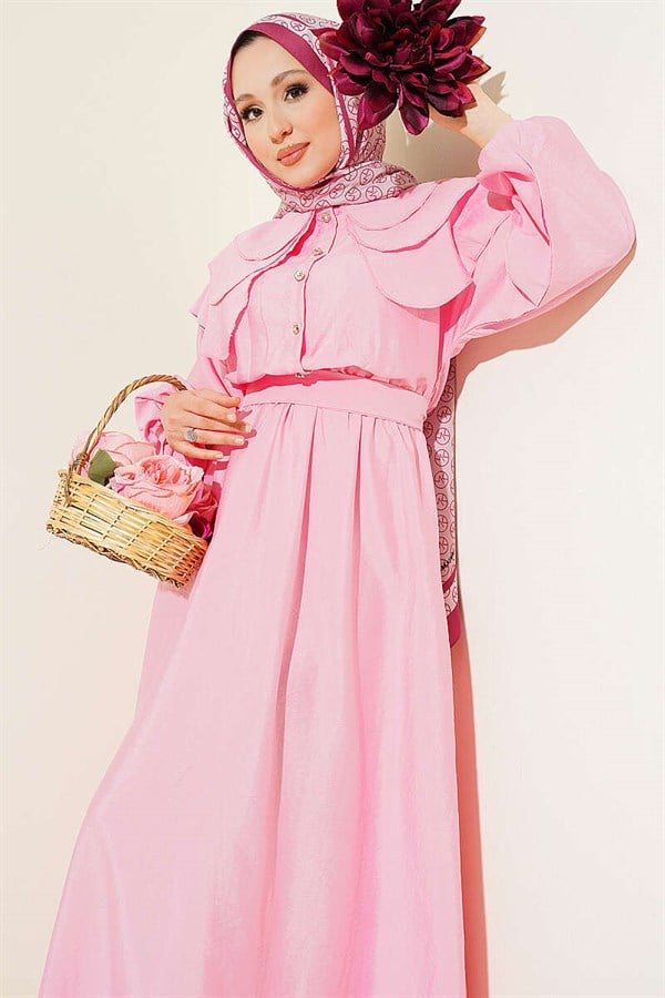 Half-Button Layered Sailor Collar Dress Pink