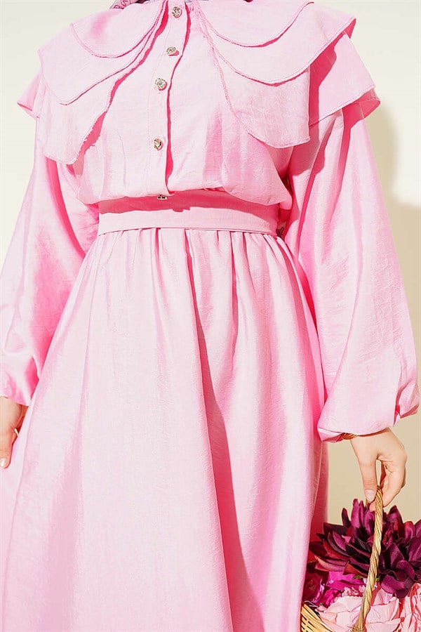 Half-Button Layered Sailor Collar Dress Pink