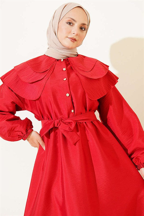 Half-Button Layered Sailor Collar Dress, Red