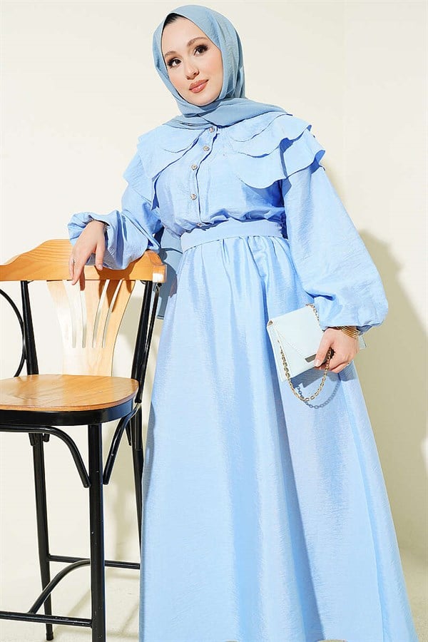 Half-Button Layered Sailor Collar Dress, Baby Blue