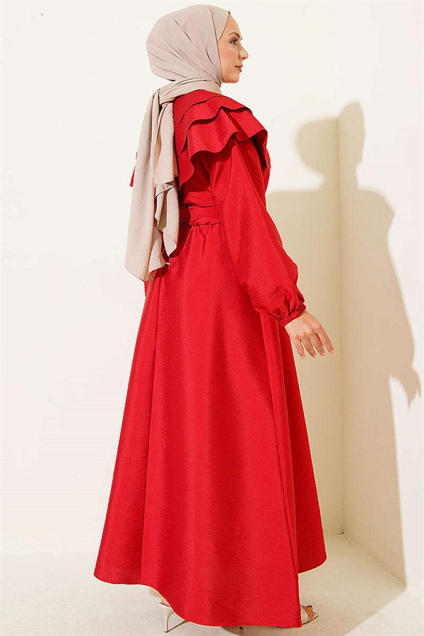 Half-Button Layered Sailor Collar Dress, Red