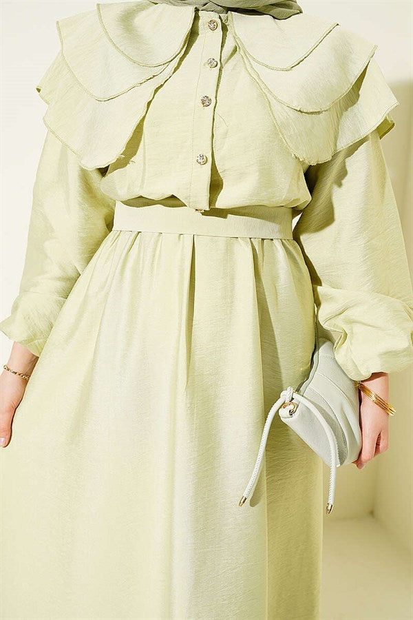 Half-Button Layered Sailor Collar Dress in Sage Green