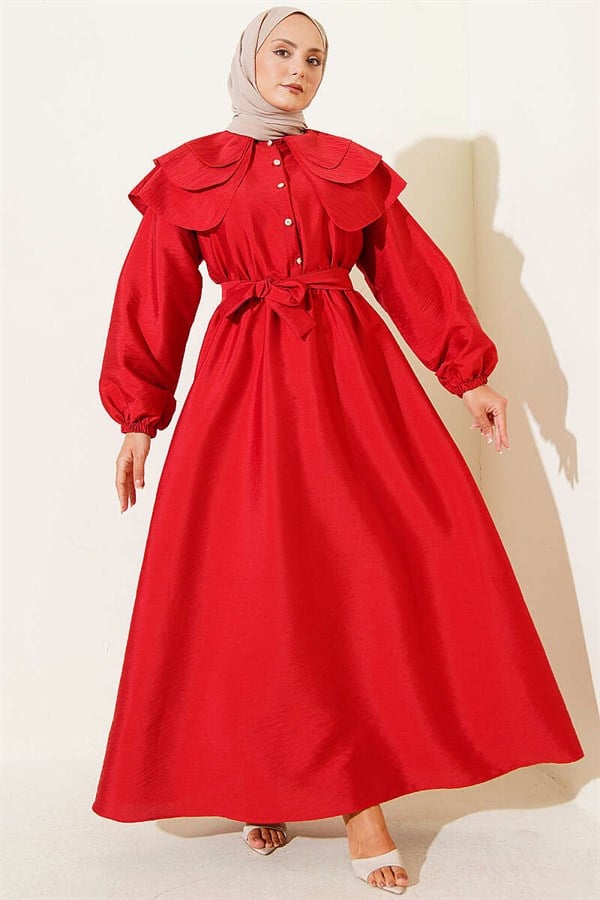 Half-Button Layered Sailor Collar Dress, Red