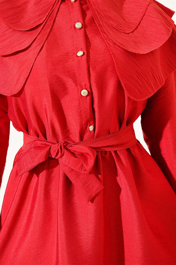 Half-Button Layered Sailor Collar Dress, Red
