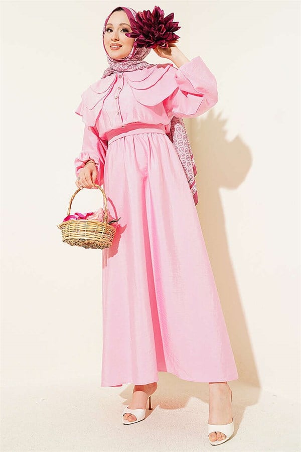 Half-Button Layered Sailor Collar Dress Pink
