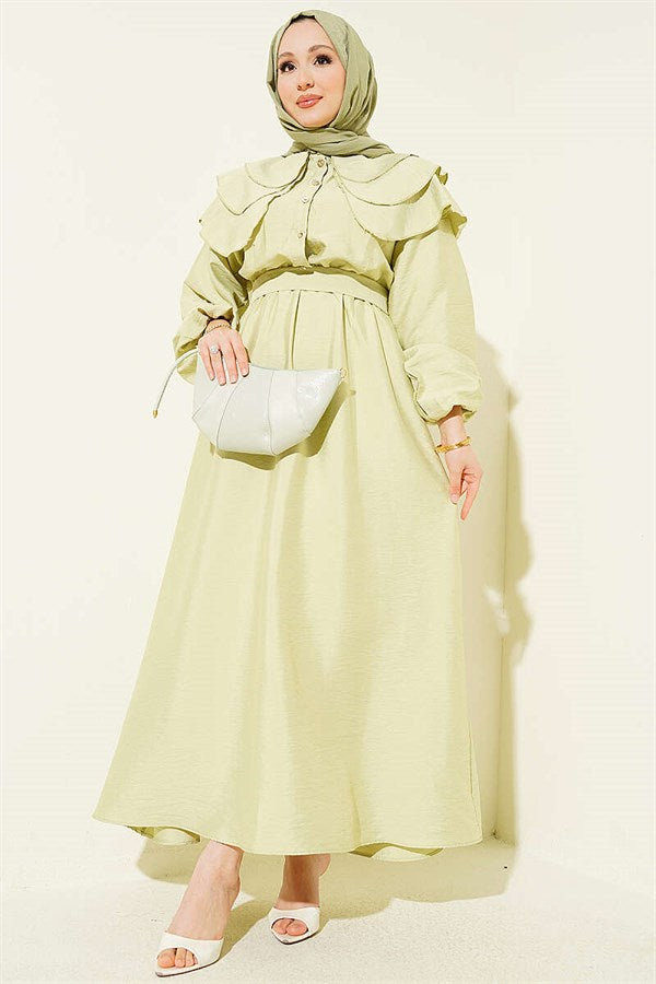 Half-Button Layered Sailor Collar Dress in Sage Green