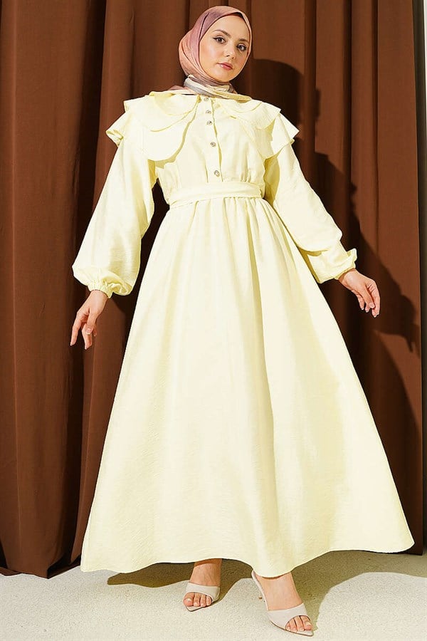 Half-Button Layered Sailor Collar Dress, Yellow