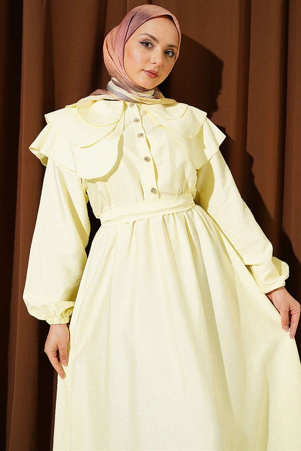 Half-Button Layered Sailor Collar Dress, Yellow
