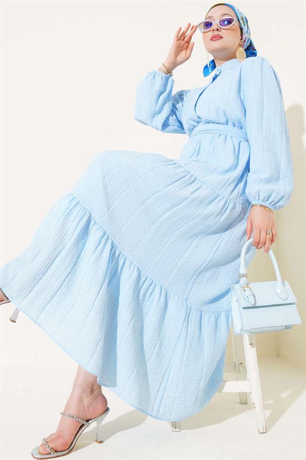 Half Buttoned Layered Seersucker Dress Blue