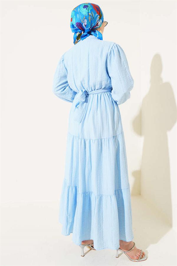 Half Buttoned Layered Seersucker Dress Blue
