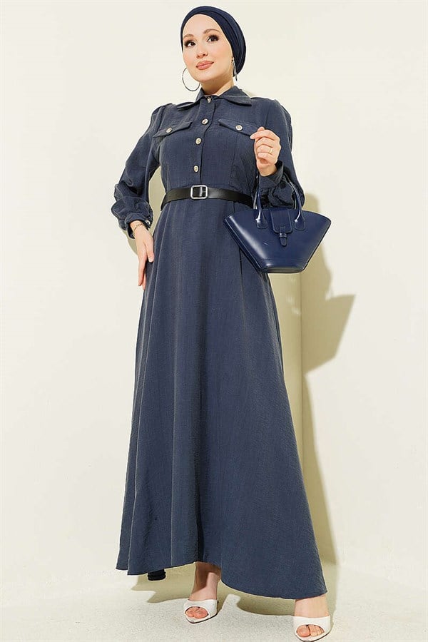 Half-Button Belted Dress with Flap Pockets, Indigo