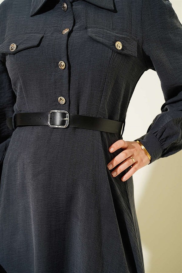 Half-Button Belted Dress with Pocket Flaps, Smoke Grey