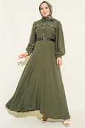 Half-Button Belted Dress with Pocket Flaps, Khaki