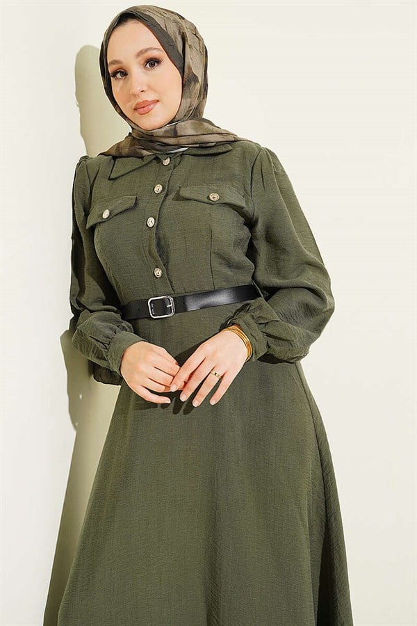 Half-Button Belted Dress with Pocket Flaps, Khaki