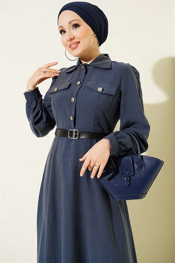 Half-Button Belted Dress with Flap Pockets, Indigo