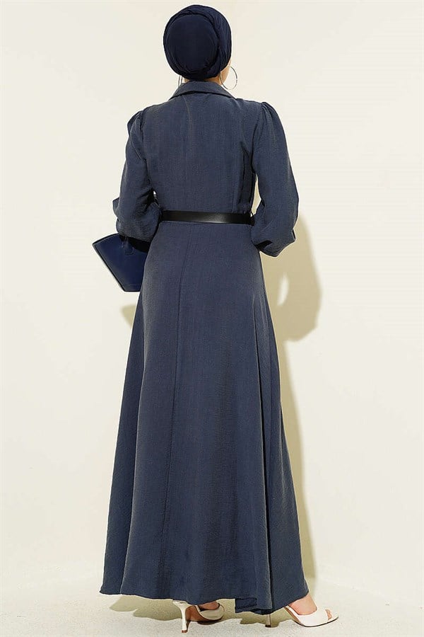Half-Button Belted Dress with Flap Pockets, Indigo