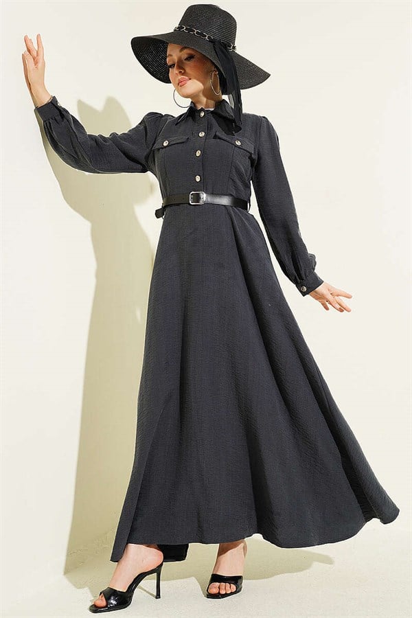Half-Button Belted Dress with Pocket Flaps, Smoke Grey