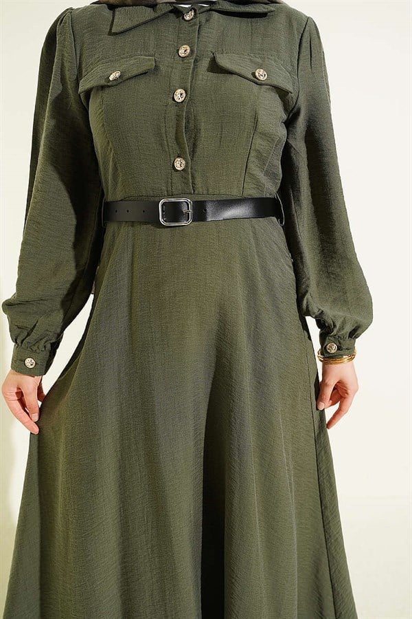 Half-Button Belted Dress with Pocket Flaps, Khaki