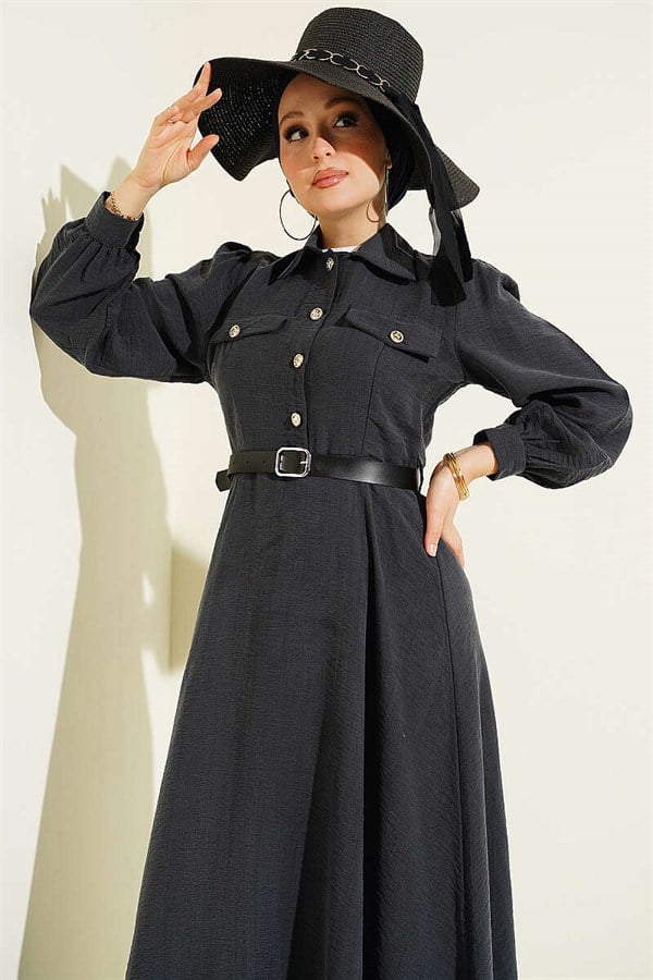 Half-Button Belted Dress with Pocket Flaps, Smoke Grey
