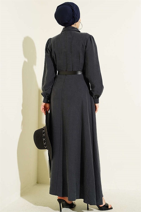 Half-Button Belted Dress with Pocket Flaps, Smoke Grey