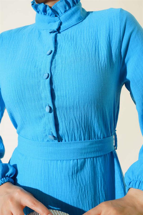 Half Buttoned Linen Dress Blue