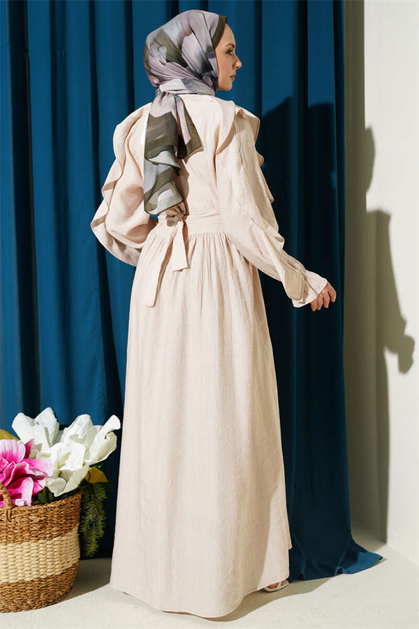 Half-Button Belted Ruffled Dress, Beige