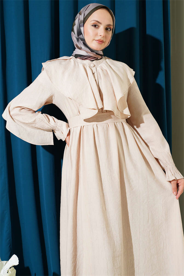 Half-Button Belted Ruffled Dress, Beige