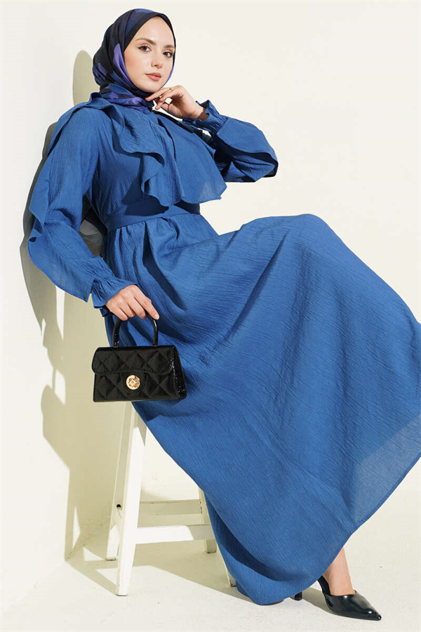 Half-Button Belted Ruffled Dress Navy Blue