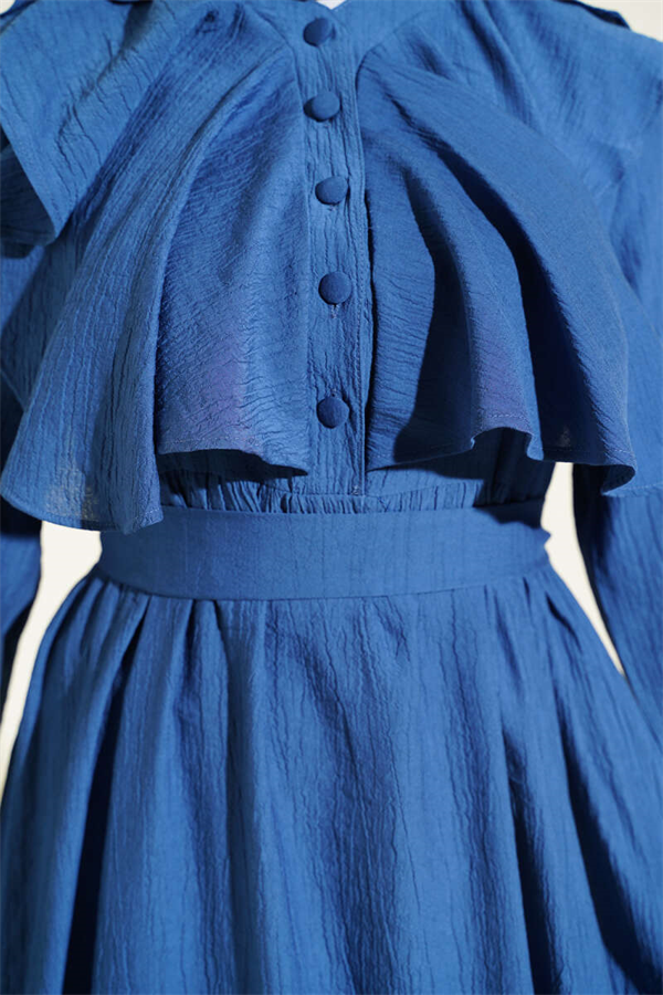 Half-Button Belted Ruffled Dress Navy Blue