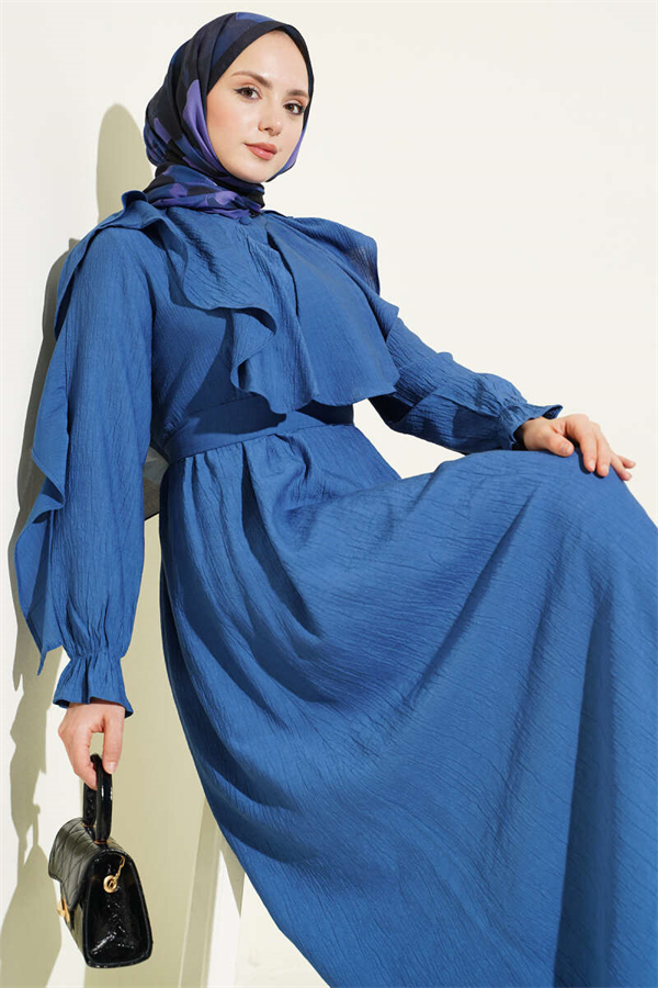 Half-Button Belted Ruffled Dress Navy Blue