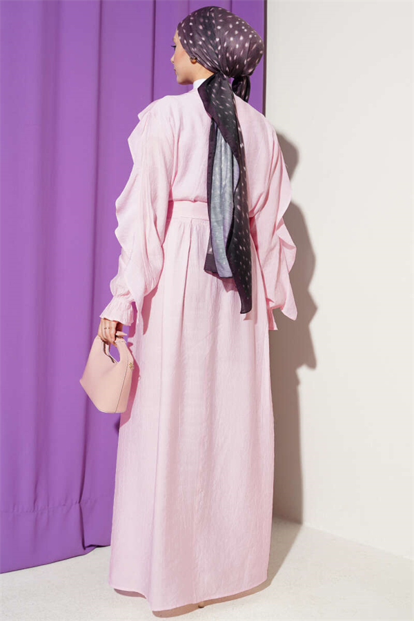 Pink Half-Button Belted Ruffled Dress