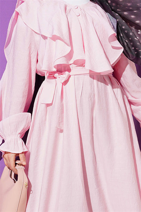 Pink Half-Button Belted Ruffled Dress