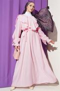Pink Half-Button Belted Ruffled Dress
