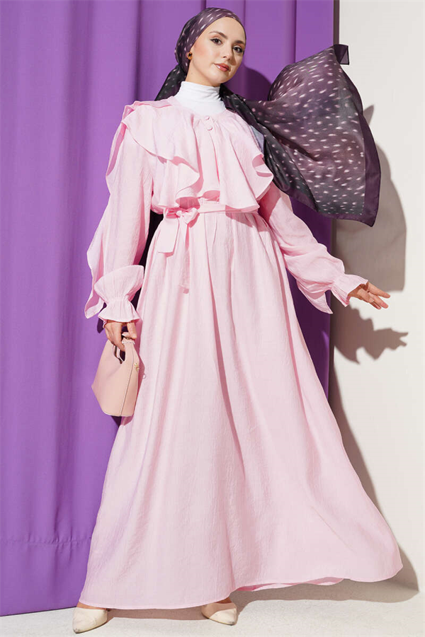Pink Half-Button Belted Ruffled Dress