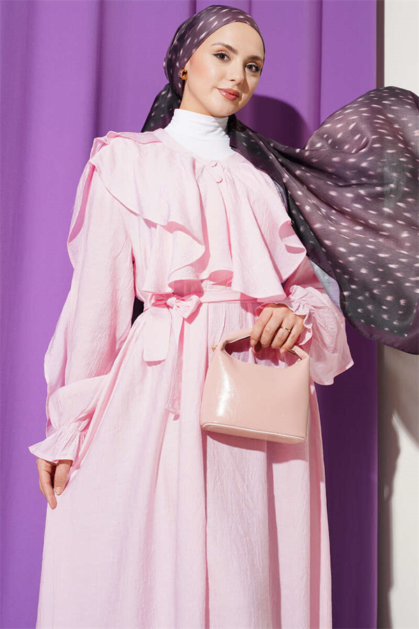 Pink Half-Button Belted Ruffled Dress