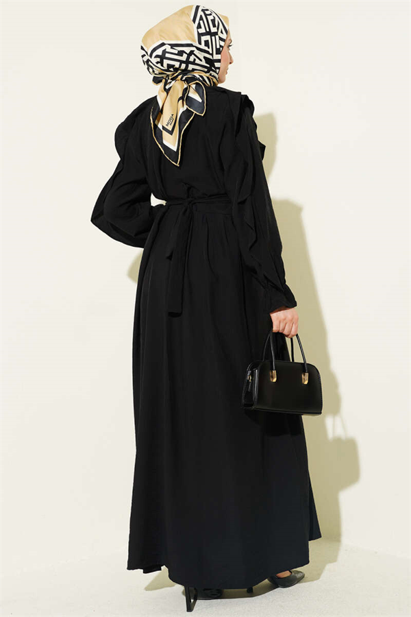 Half-Button Belted Ruffled Dress, Black